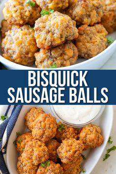 a bowl full of sausage balls with ranch dressing on the side