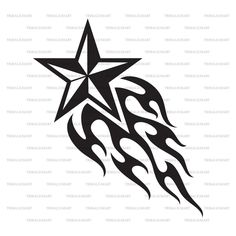 a black and white star with flames in the middle, on top of a white background