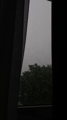 rain drops on the window as seen from inside a building in front of some trees