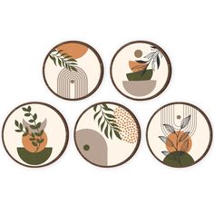 four circular coasters with different designs on them, each featuring an animal and plants