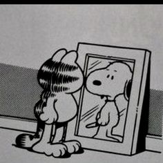 a drawing of a dog looking at himself in the mirror