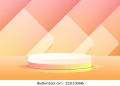 an abstract background with a white round podium in front of some pink and yellow squares