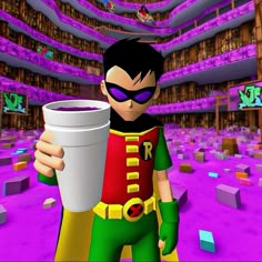 a cartoon character holding a coffee cup in front of an empty auditorium filled with people