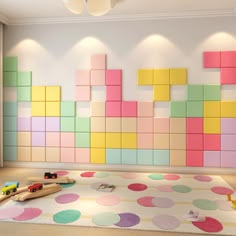 a child's room with colorful blocks on the wall