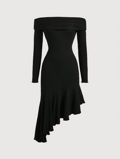 Women's Solid Color Asymmetrical Hem Off Shoulder Dress Black Elegant  Long Sleeve Knitted Fabric Plain A Line Medium Stretch  Women Clothing, size features are:Bust: ,Length: ,Sleeve Length: Black Dress Off Shoulder, Black Off The Shoulder Dress, Black Dress Flowy, Black Dress Elegant, Black Off Shoulder Dress, Asymmetrical Black Dress, Black Dresses Classy, Simple Black Dress, Shein Dress