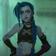 an animated character with blue hair and tattoos