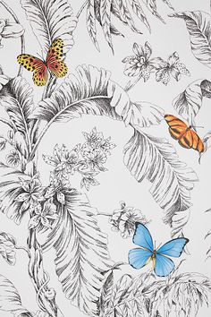 an image of butterflies and leaves on a wallpaper background in black and white colors