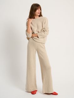 The Zephyra Flare Pants in Cashmere Suzie Kondi, Gypset Style, Comfy Chic, Knit Set, Crewneck Sweater, Flare Pants, Design Crafts, Crew Neck Sweater, Rib Knit