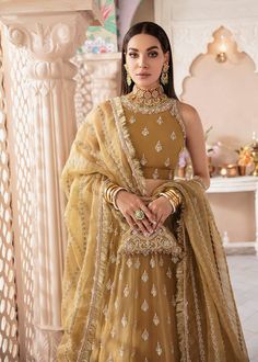 Elegant Semi-stitched Wedding Dress With Traditional Drape, Elegant Saree Wedding Dress With Dupatta, Gold Wedding Dress With Dabka Work, Elegant Lehenga For Wedding And Eid, Traditional Gold Wedding Dress With Dabka Work, Elegant Wedding Lehenga For Eid, Elegant Eid Wedding Lehenga, Elegant Semi-stitched Wedding Dress For Festive Occasion, Elegant Wedding Dress For Eid With Traditional Drape