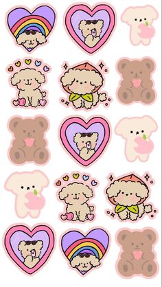 the stickers have hearts and sheeps on them, all in different shapes and sizes