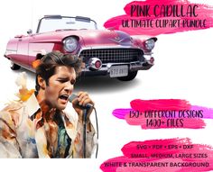 a man singing into a microphone in front of a pink car with the words pink cadillac on it