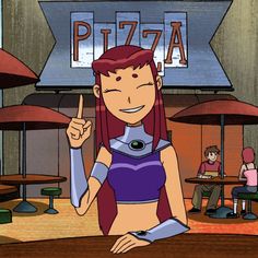 a cartoon character is standing in front of a pizza restaurant with people sitting at tables