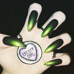 New necklace from @worship13 Creepy girls are the cutest! #worship13 Beetle Shell, Ongles Goth, Green Goth, Shell Nails, Creepy Girl, Nail Art Halloween, Black Claws, Witch Nails, Gothic Nails