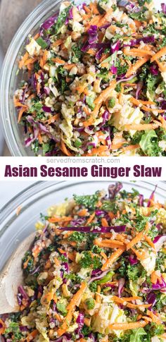 two pictures show different types of salads in glass bowls, one with broccoli and the other with shredded carrots