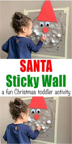 a child is making a santa sticky wall for christmas