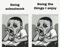 two cartoon images with the words doing homework and doing schoolwork