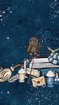 an owl sitting on top of a pile of books next to a birdcage