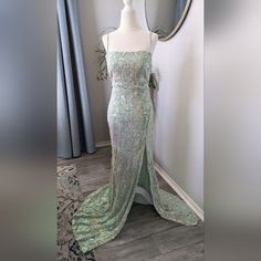 Beautiful And Elegant Mint Green Mermaid Gown With Iridescent Sequins. Criss Cross Back With Zipper. This Xl Can Also Fit A Large. Green Mermaid, Mermaid Gown, Criss Cross, Mint Green, Prom, Mint, Mermaid, Prom Dresses, Womens Dresses