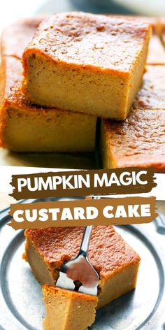 pumpkin spice magic custard cake on a plate