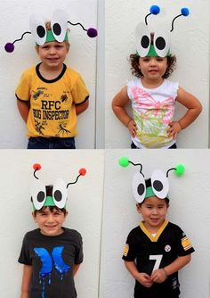 four pictures of children wearing paper hats with eyes and antennae on their heads, one boy is smiling at the camera