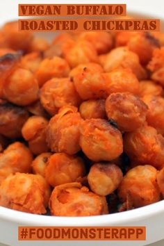 a white bowl filled with roasted chickpeas and text vegan buffalo roasted chick peas