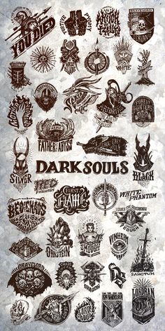 the back side of a poster with various designs on it, including logos and emblems