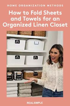 a woman is standing in front of shelves with towels and linens on the shelf