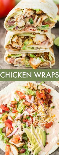 chicken wrap with lettuce, tomato, avocado and other toppings