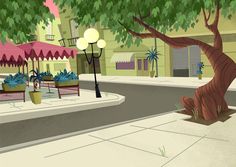 an animated view of a city street with tables and umbrellas