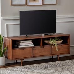 a flat screen tv sitting on top of a wooden entertainment center next to a potted plant