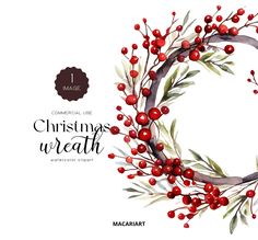 a christmas wreath with red berries and green leaves on it, in watercolor style