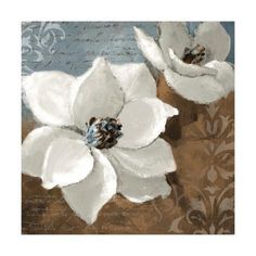 two white flowers on a blue and brown background