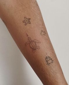 a man's arm with tattoos on it, including a turtle and starfish