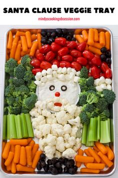 a tray filled with vegetables, carrots and cauliflower in the shape of a santa clause