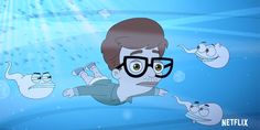 an animated image of a man floating in the water surrounded by other cartoon characters and fish