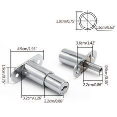 two stainless steel door hinges are shown with measurements for each one and the other side