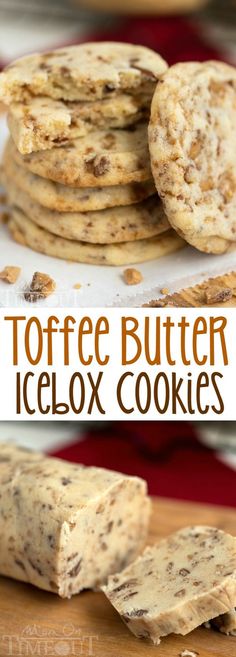 toffee butter icelox cookies are stacked on top of each other with the text overlay