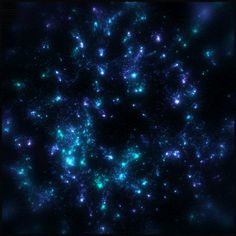 an image of some blue and green lights in the night sky with stars all over it