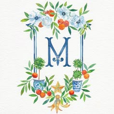 a watercolor painting of the letter m with flowers and potted plants around it