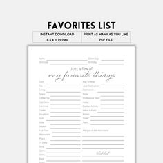 the printable favorite list is shown in black and white