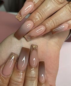 Simple Fall Nails Medium, Fall Set Acrylic Nails, Pink And Brown Ombre Nails, Chocolate Ombre Nails, Natural Color Nail Designs, Natural Nails Brown, Brown Ombre Acrylic Nails, Brown Coffin Nail Ideas