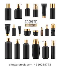 black cosmetic bottles with gold caps and lids for face cream, lotion or lotion