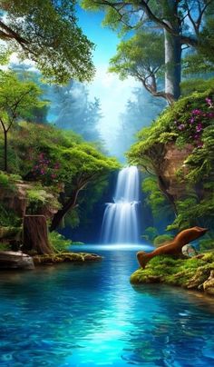 a painting of a waterfall in the middle of a forest with blue water and lush green trees