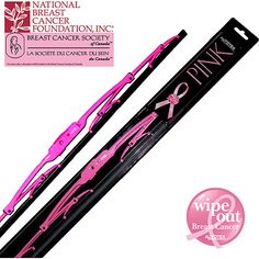 the pink ribbon is on top of two skis with black and white lettering that says,