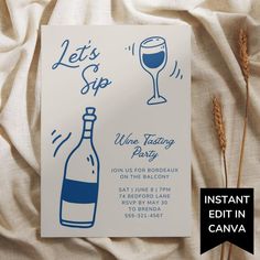 An aesthetic wine tasting event invite featuring blue hand drawn illustrations of a wine bottle and glass on white paper Hand Drawn Invitation, Girl Night, Invitation Printable, Wine Tasting, Invitation Template, Dip, Hand Drawn, Digital Download, Wine