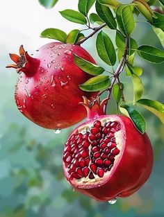 two pomegranates hanging from a tree branch