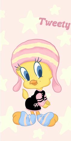 a cartoon bird with a pink hat and boots