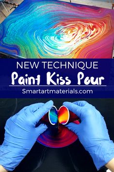 two hands holding cups in front of a painting with the words new technique paint kiss pear