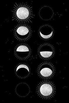 six phases of the moon in black and white