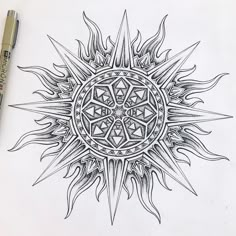 🌞 Finished up my Sun Mandala last night! Didn't get around to posting it until now because it was so late when I finished, but here it is!… Sun Mandala Art, Sun Moon Mandala Tattoo, Sun Art Tattoo, Cool Sun Tattoos, Sun Art Drawing, Sun Drawing Design, Sun Mandala Tattoo, Sun Mandala Design, Mandala Sun Tattoo